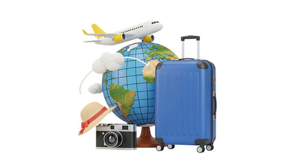 Travel concept with globe, airplane, suitcase, camera, and hat