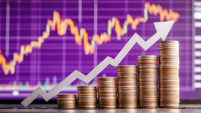 Stacks of coins showing growth with an upward arrow and a financial chart on a purple background, symbolizing market success.