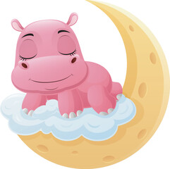Cute hippo cartoon sleeping on the moon