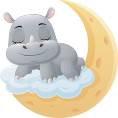 Cute rhino cartoon sleeping on the moon