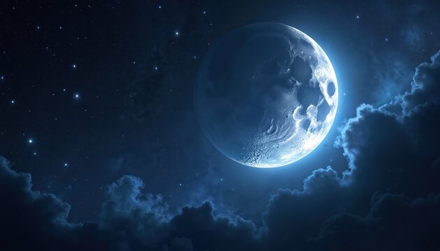 Bright full moon shines in dark night sky full of stars and clouds. Celestial body illuminates space with soft blue light. Cosmic scene inspires wonder and dreamlike fantasy.