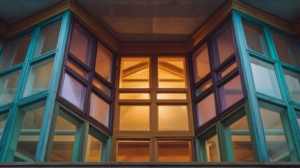 Geometric architectural detail featuring colorful framed with warm interior illumination