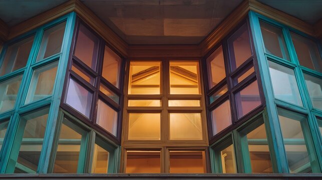 Geometric architectural detail featuring colorful framed with warm interior illumination - Powered by Adobe