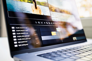 Video edit. Editor for content creators. Film software. Movie montage production. Laptop of videographer. Timeline on screen. Cut footage.