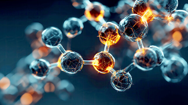 Abstract 3D illustration of a molecular structure with glowing, energetic orange and dark atoms, representing scientific discovery.