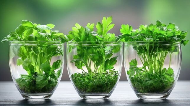 Three glass containers with fresh green herbs growing indoors, representing urban gardening and sustainable food production.