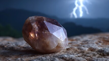A faceted amber and purple crystal rests on rough rock with dramatic lightning in the distant stormy sky