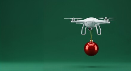 White quadcopter drone carrying a red Christmas ornament against a green background.