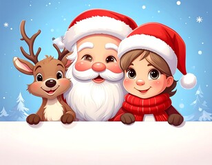 Festive Christmas Cheer - Santa, Reindeer, and Child Holding a Sign.