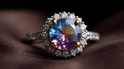 Detailed ro view of a vibrant multi colored gemstone ring with a sparkling diamond halo set on luxurious dark fabric