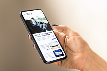 News in phone. Headlines of online articles. Press release of newspaper. Reading digital report in media. Digital publication mockup mobile website. Smartphone screen.