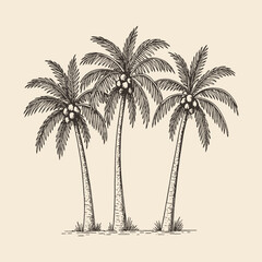 Elegant vintage-style vector of palm trees in tropical scenery. Ideal for travel posters, nature prints, and summer design themes.