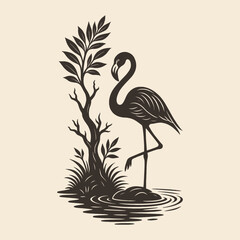 Detailed hand-drawn illustration of a flamingo by a lake in vintage engraving style. Great for nature prints, logos, and wildlife art.