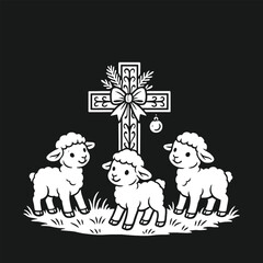 Classic black and white illustration of three lambs near a cross in vintage style. Perfect for religious prints, tattoo designs, or spiritual art.