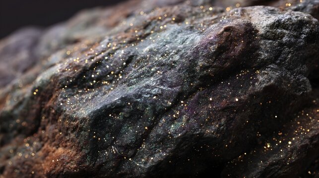 Close up of a textured rock surface covered in shimmering gold particles and iridescent hues - Powered by Adobe