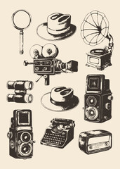 Retro hand-drawn vector collection of cameras, lenses, and film gear. Perfect for photography branding, posters, and vintage-themed prints.