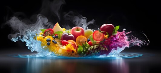 a light fruits slice , coming out of the smoke , mozaic art,generative AI