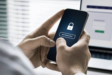 Password in phone for security and privacy. Mobile lock for safety to protect data in bank from scam or fraud. Cybersecurity online and secure encryption app. Smartphone and laptop computer.