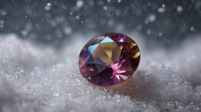 A vibrant multi faceted gemstone rests on sparkling snow catching the light with dazzling colors