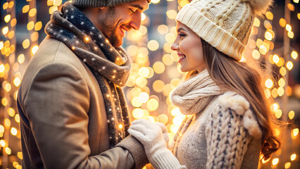 Close-up of a young caucasian couple smiling, holding hands, cozy winter clothing, golden New Year lights bokeh around them, intimate and joyful mood.