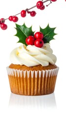 Festive Christmas Cupcake with Holly and Berries Decoration.