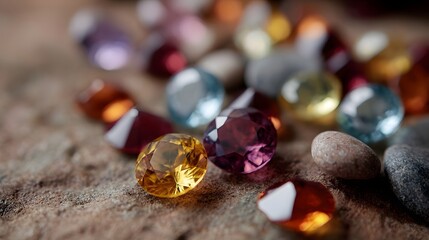 Scattered colorful faceted gemstones and smooth pebbles rest on a textured earthy surface showcasing natural beauty and variety