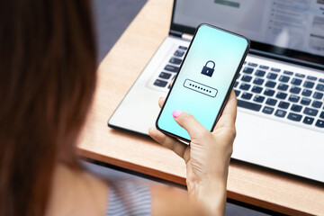 Password for privacy to protect data in phone. Mobile AI security and cybersecurity against fraud...