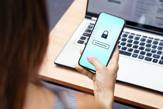 Password for privacy to protect data in phone. Mobile AI security and cybersecurity against fraud or scam online. Strong, change, forgot or wrong lock. Computer laptop.