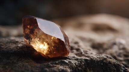 Close up of a faceted amber crystal sparkling with internal light on a rough stone