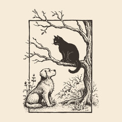 Charming black and white vector of cat and dog under a tree in vintage style. Ideal for prints, storytelling art, and greeting cards.
