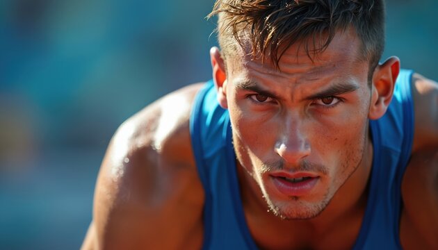 Male athlete crouches at starting line, intense gaze fixed ahead. Sweat glistens on skin, ready for sprint race. Focused runner poised for athletic competition, speed and power visible.