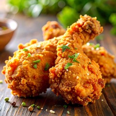 Crispy Fried Chicken Drumsticks on Rustic Wooden Table with Green Garnish.