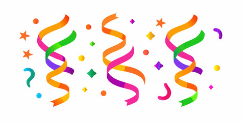 Colorful party streamers and confetti with stars and dots on white background