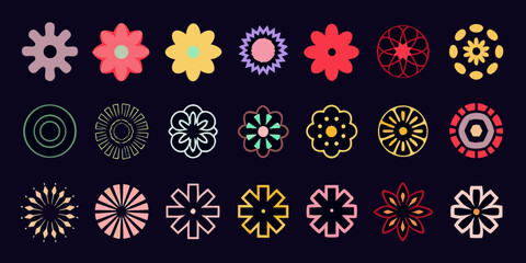 Collection of diverse abstract floral and geometric shapes in various colors on a dark background