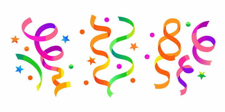 Colorful gradient confetti streamers and stars isolated on white background for celebrations and parties