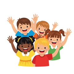 Obraz premium Group of Happy Diverse Kids Waving, Cartoon Illustration