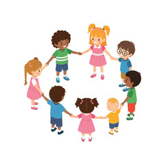 Multicultural Children Holding Hands in a Circle, Vector Illustration