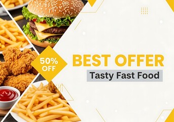 Best offer tasty fast food banner design template with 50% discount