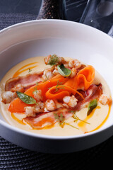Creamy Shrimp and Bacon Soup with Carrot Ribbons, Herbs, and Delicate Sauce