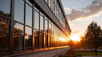 Modern building facade with reflective during golden hour at sunset