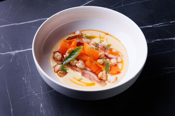 Creamy Shrimp and Bacon Soup with Carrot Ribbons, Herbs, and Delicate Sauce