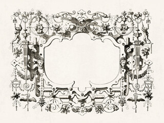 Ornate Renaissance and steampunk frame with surreal decorations set on rustic beige paper background.