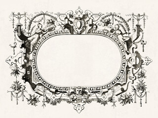 Ornate Renaissance and steampunk frame with surreal decorations set on rustic beige paper background.