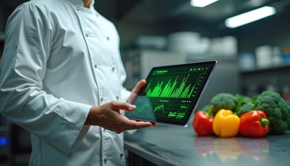 Chef uses tablet in kitchen with fresh vegetables, tracking data for restaurant management and culinary innovation. Modern food service uses tech for efficiency and quality control.