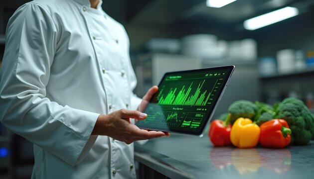 Chef uses tablet in kitchen with fresh vegetables, tracking data for restaurant management and culinary innovation. Modern food service uses tech for efficiency and quality control.
