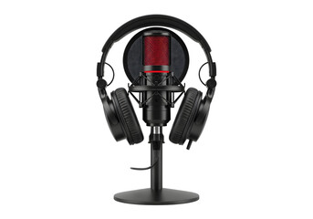 Professional microphone and headphones on a stand isolated on transparent background