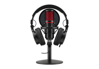 Professional microphone and headphones on a stand isolated on transparent background