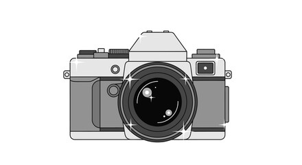 Illustration of a vintage film camera with a lens and various buttons and dials, rendered in grayscale.