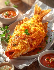 Crispy Fried Fish - A Delicious Seafood Dish with Sauce.