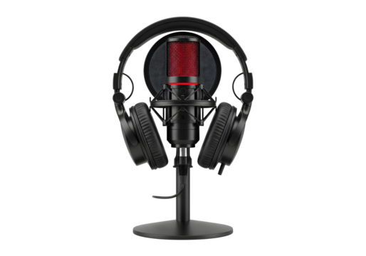 Professional microphone and headphones on a stand isolated on transparent background